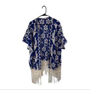 May & July Womens‎ Small Sheer Embroidered Fringe Cardigan Cover Up Blue white